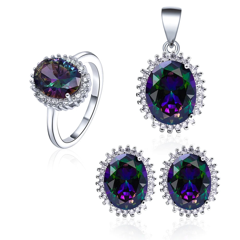 Classic Engagement 925 Sterling Silver Jewelry Sets Aaa Cubic Zirconia Rhodium Plating Oval Gemstone Mystic Topaz Set Jewelry