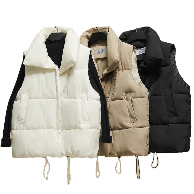 Women Sleeveless Jacket Puffer Vest Ladies Winter Warm Waistcoats Female Solid Stand Collar Coat Loose Outwear