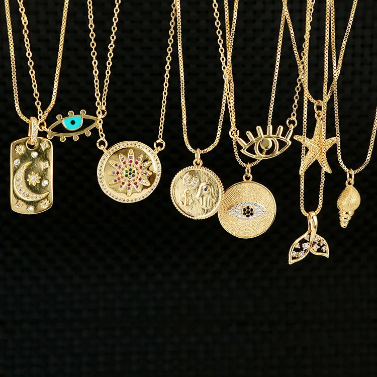 NZ1155 Chic Dainty Gold Plated Zircon Diamond CZ Micro Paved Moon and Star Medal Evil Eyes Daisy Disc Charm Chain Necklace
