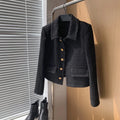 Autumn New Vintage Black Woolen Coat Casual Short Women's Thick Tweed Polo Loose Top