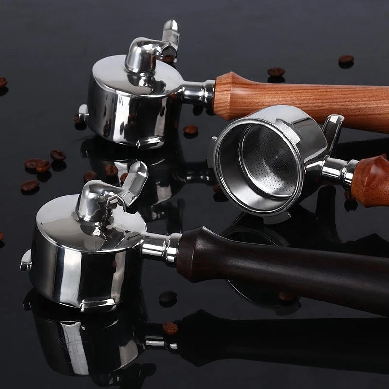 Wood Handle 51mm Bottomless Stainless Steel Bottomless Double Mouth Coffee Portafilter With Espresso Set