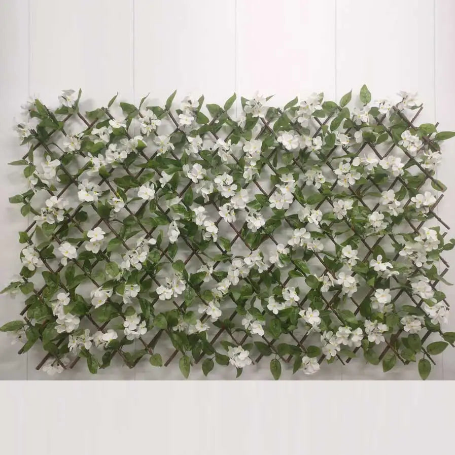 Stock Expandable Artificial White Hydrangea Willow Trellis Heat Treated Expandable Artificial Leaf Fence for Decorative Purpose