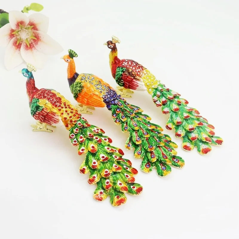 SHINNYGIFTS Peacock Shape Red/Green Metal Enameled Rhinestone Jewelry Trinket Box Craft Collectible