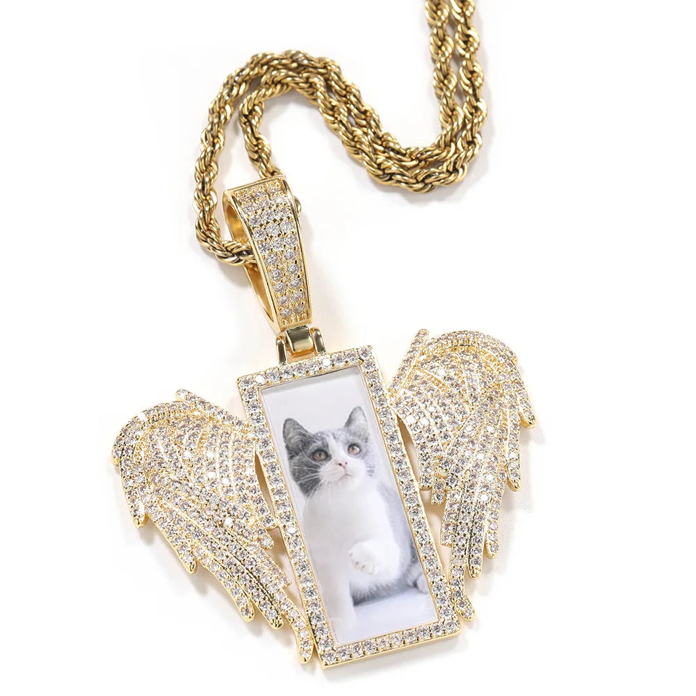 Customized 18K Real Gold Picture Ice Square Wing Pendant Necklace Hiphop Rock DIY Rope Zircon Pearl Anniversary Memorial Gift