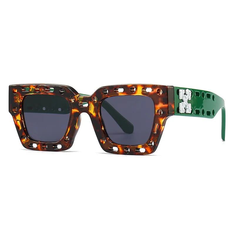 Fashion Trendy Sunglasses Custom logo Hollow Out Sun Glasses Leopard Green square Shades Unisex Eyeglasses