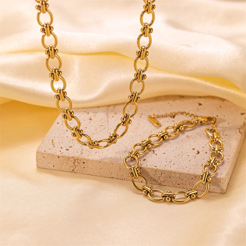 Minimalist Non Tarnish Stainless Steel Jewelry Set Oval Flower Thick Chain Link Infinity Women's Necklace Bracelet Set