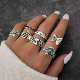 7Pcs/Set Retro Style Frog Butterfly Snake Ring Set