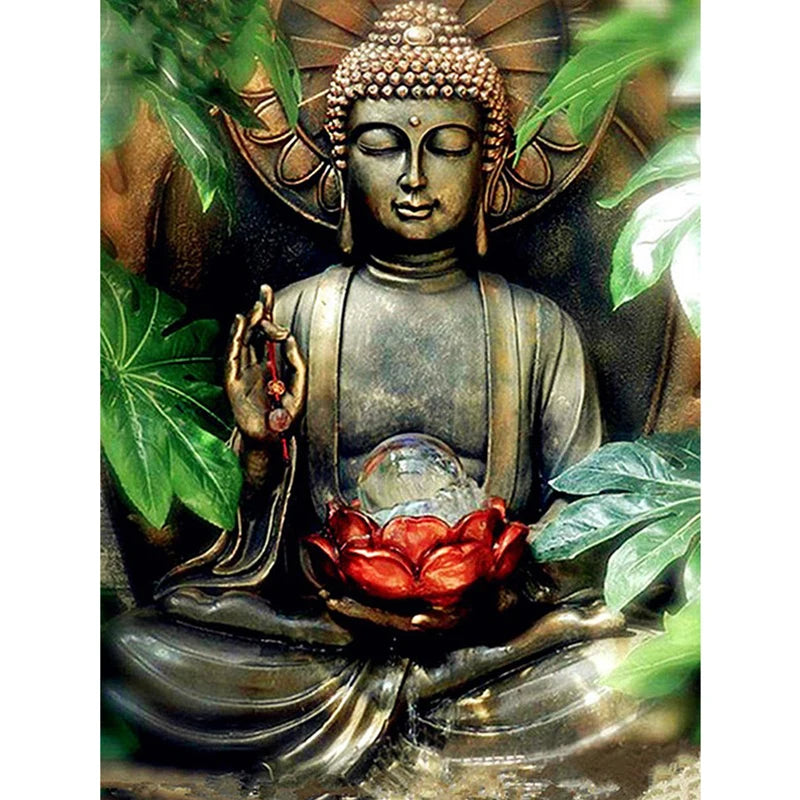 Factory Custom Diamond Painting DIY 5d Red Lotus Buddha Statue and Green Leaves Full Drill Living Room Wall Art Decor MegaBDM