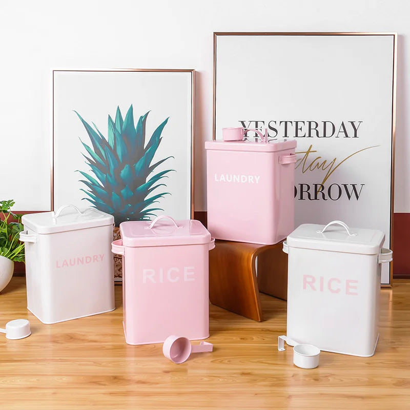 Customized Gift Storage Bucket Laundry tank Rice Bucket Pet Food Storage Box Metal  Food Container with Spoon