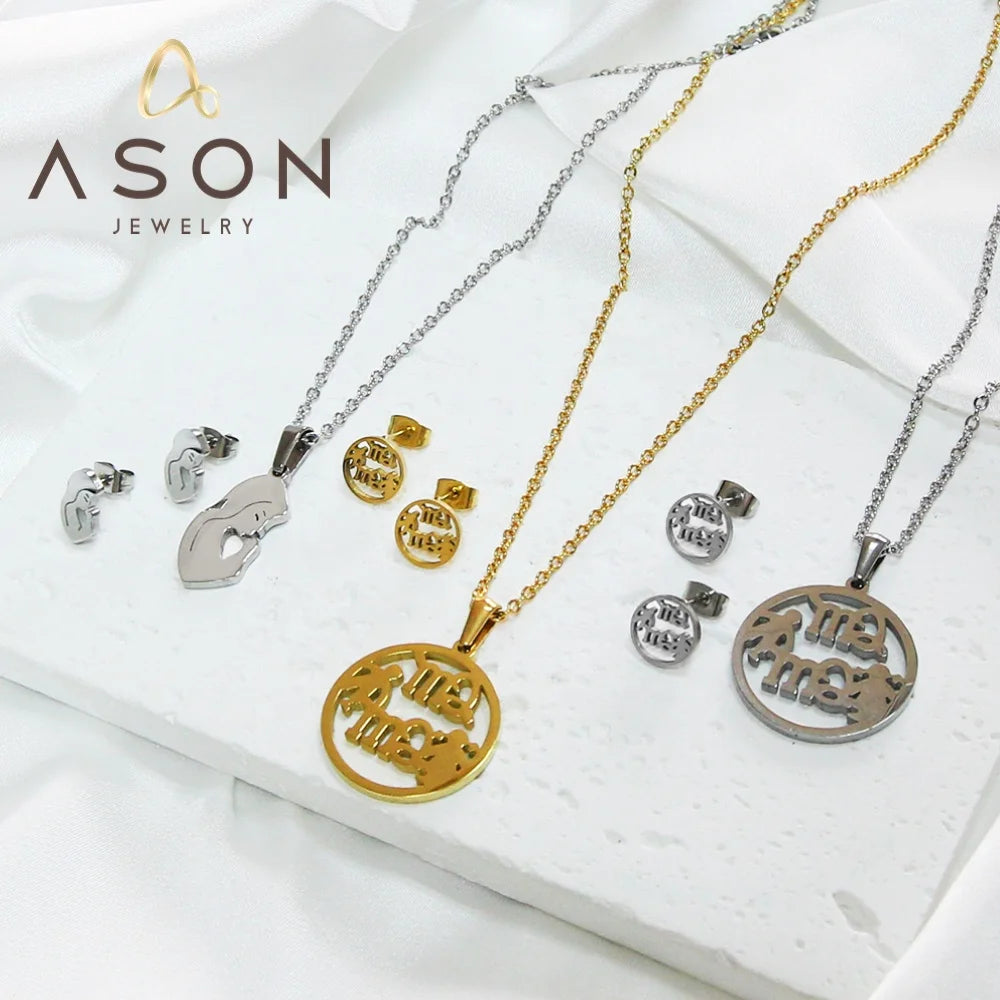 Ason Mother's Day Gift Stainless Steel Round Hollow Letter Mama Earrings Pendant Necklace Sets 2023 Jewelry Set for Mother