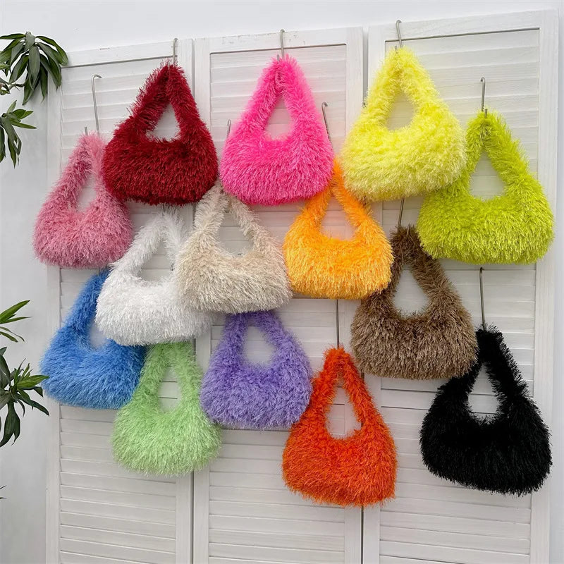 Solid Color Faux Fur Women's Winter Plush Tote Handbag Simple Female Underarm Purse Clutch with Sweet Shoulder Bag Design