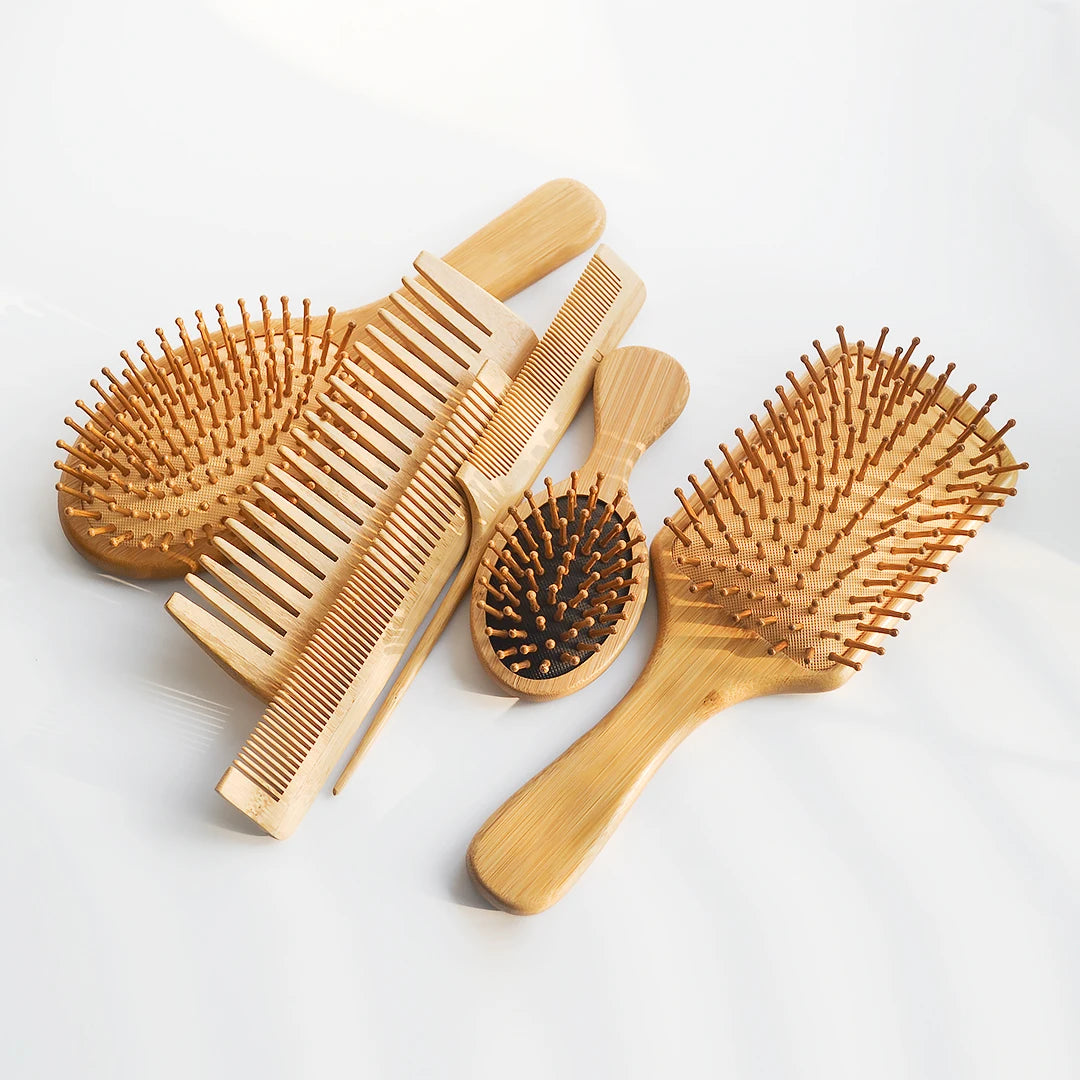 Wholesale Set of Natural Bamboo Wood Hair Brush and Wide Tooth Comb Detangling Rat Tail Comb Bristle Hair Brush Set