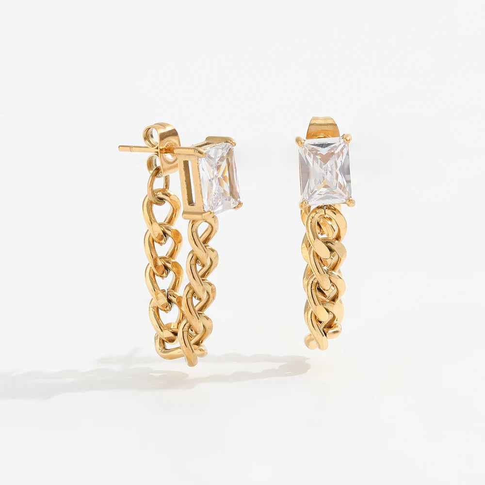 JOOLIM High End 18K Gold Plated Rectangle Zirconia Link Chain Tassel Drop Earring Stainless Steel Earrings Gold Jewelry New