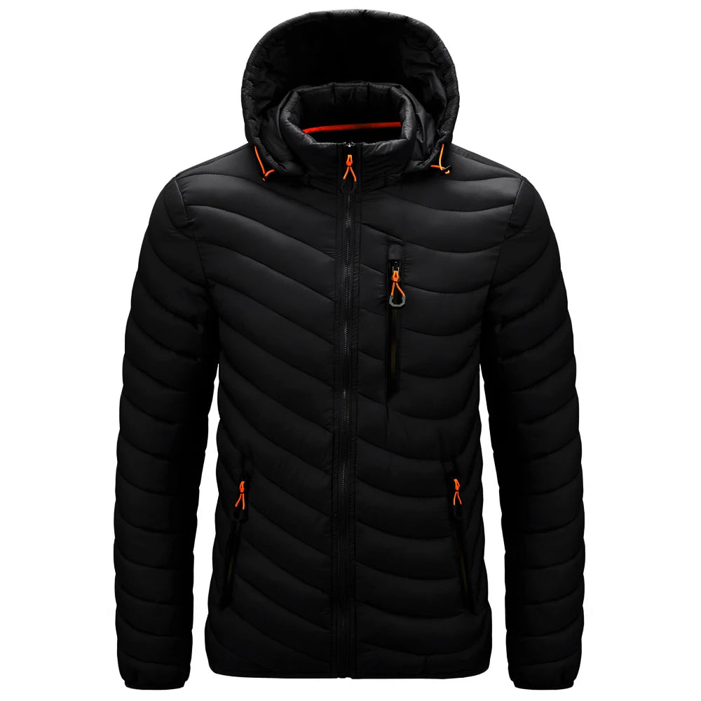 Men's Plus Size Casual Style Winter Jacket Light Warm Polyester Black Hood Bubble Puff Filled Zipper Closure
