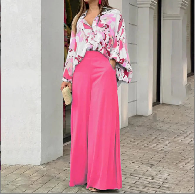 2023 European and American Women's Spring Printed Shirt Elegant Wide Leg Pants Fashion Casual Set
