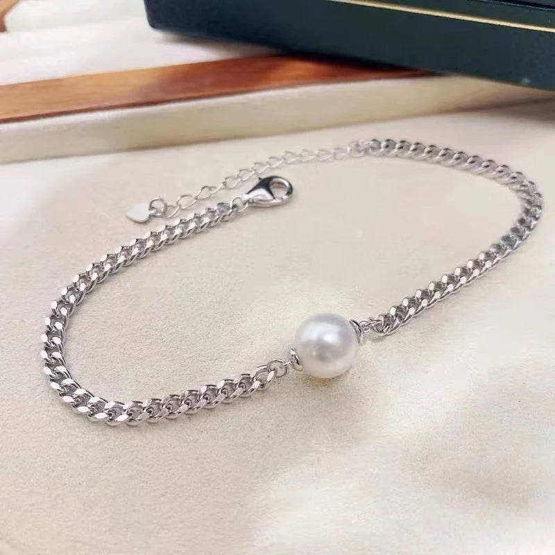 B455 8-9mm 925 Sterling Silver Gold Plated Wholesale Freshwater Pearl Charm Bracelet  Bangle Fancy Jewelry for Women