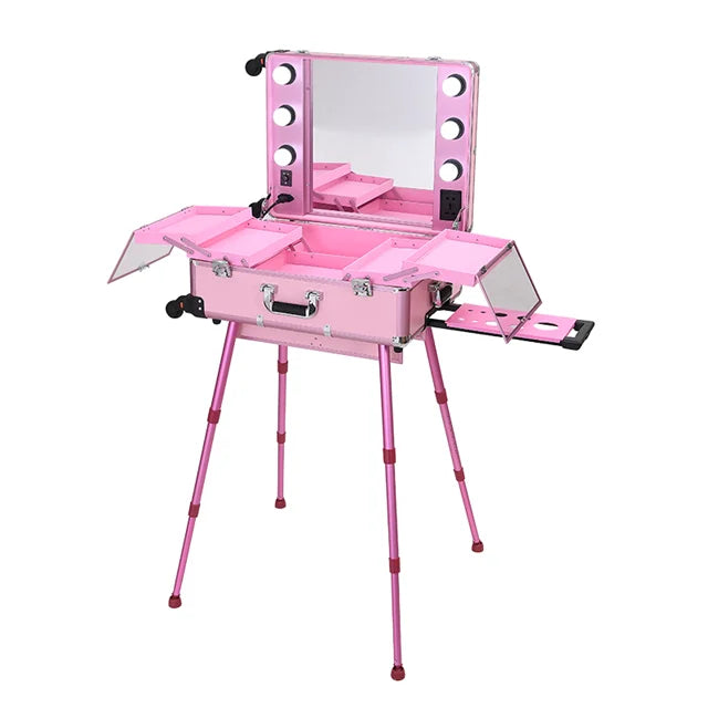 24inch Pro Makeup Station Artist Case with Dimmable Lighted Mirror LegsCosmetic Box