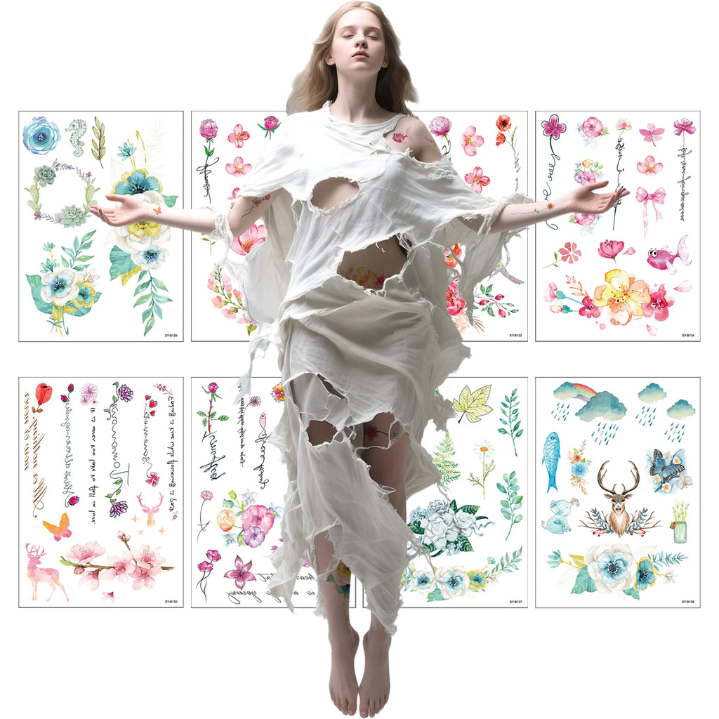 New Creative Hand Drawn Flower Temporary Tattoo Stickers | Water Transfer Face Body Art | Fashionable Non-Toxic | Party Festival