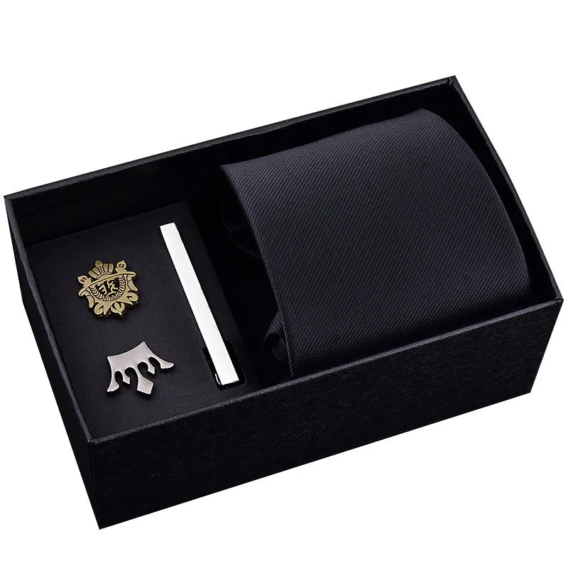 Men's Business Formal 8CM Lazy Tie With Zipper Brooch Tie Clip Five-Piece Set