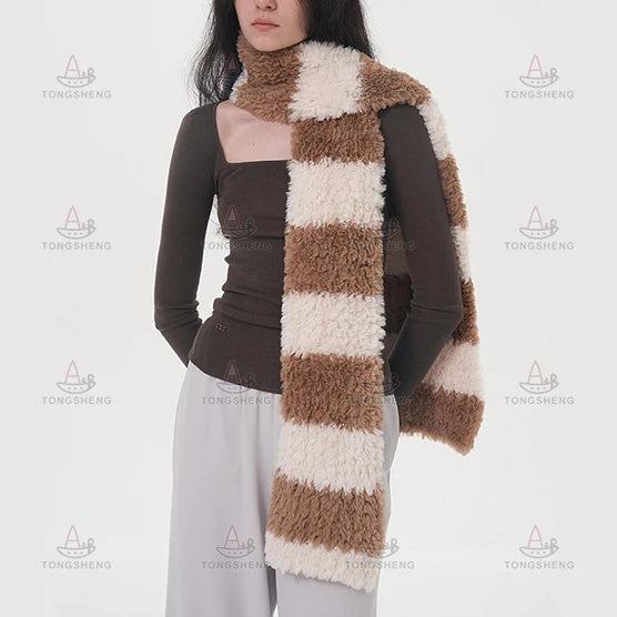 Oem Manufacturer Wholesale Custom Winter Warm Thickened Knitted Striped Fluffy Plush Shawls Scarf for Women