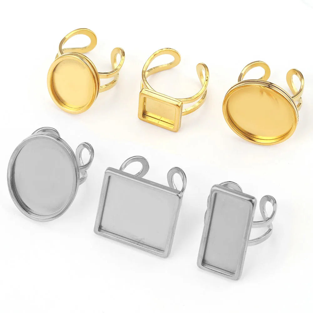 Wholesale Time Gem Bottom Round square Stainless Steel Adjustable Rings Fashion Findings Ring Gold Woman
