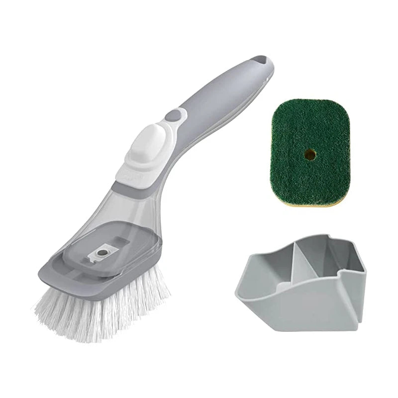 2023 New Arrivals White+Gray CQT Brand Kitchen Cleaning Dish Brush Long Handle Soap Dispenser Easy Grip PP Sponge Material