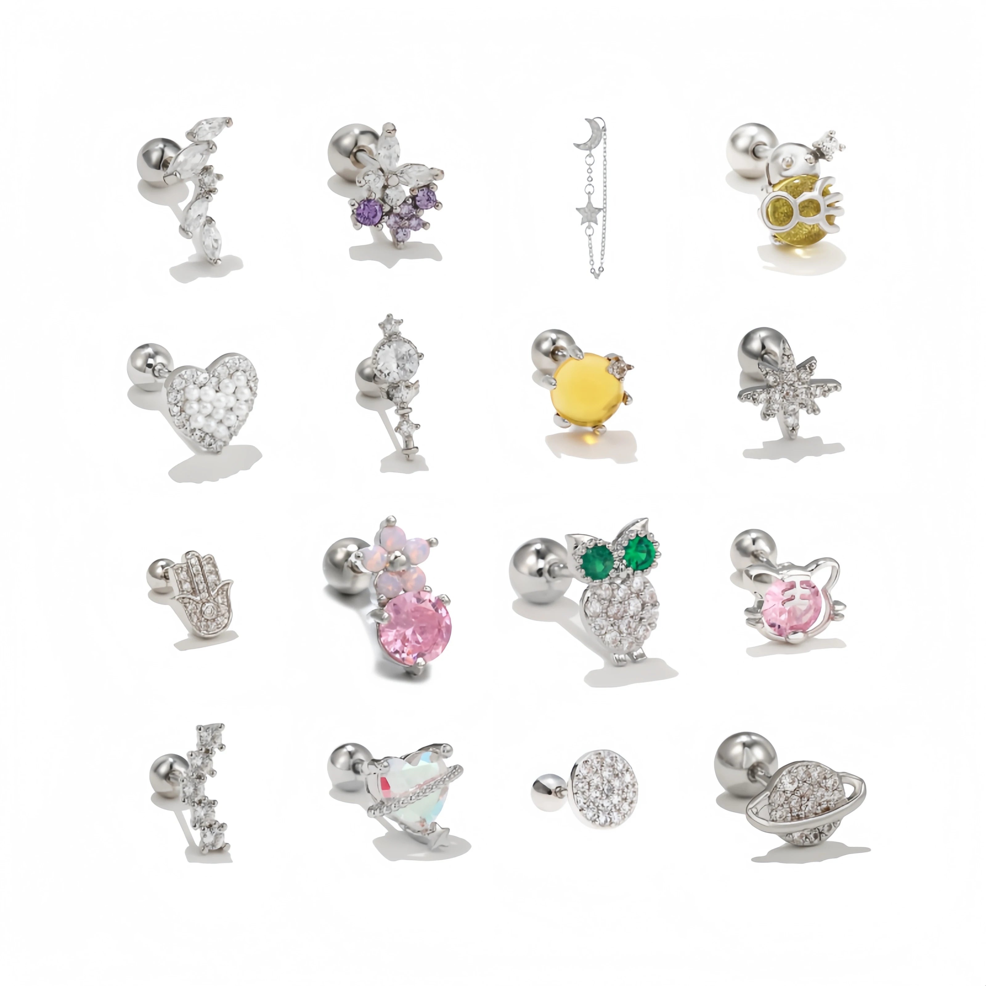 Korean Silver Plated Pink Flower Star Moon Heart Ear Bone Nails Girl Leaf Ear Studs No Fade 18K Brass Earrings Piercing Jewelry