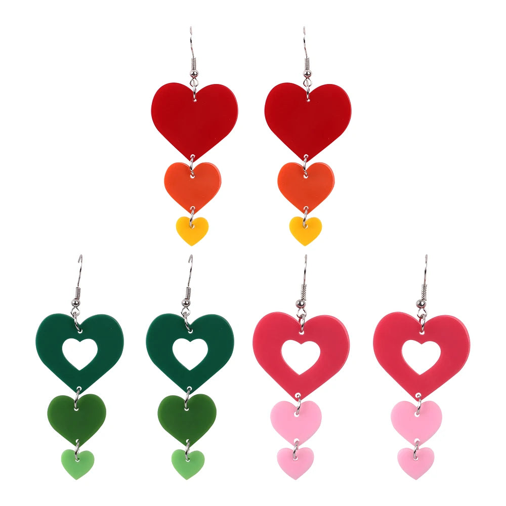 Bohemia Romantic Heart Pendant Resin Earrings Green Pink Red Tricolors Joint Hollow Peach Heart Long Acrylic Drop Earrings