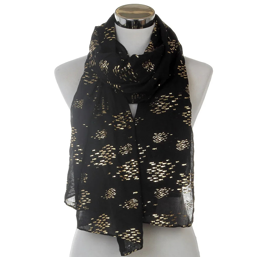 Gold Foil Shiny Fish Printed Scarf for Women Holiday Gift Lightweight Soft Sheer Long TR Cotton Scarf Wrap Shawl for Women