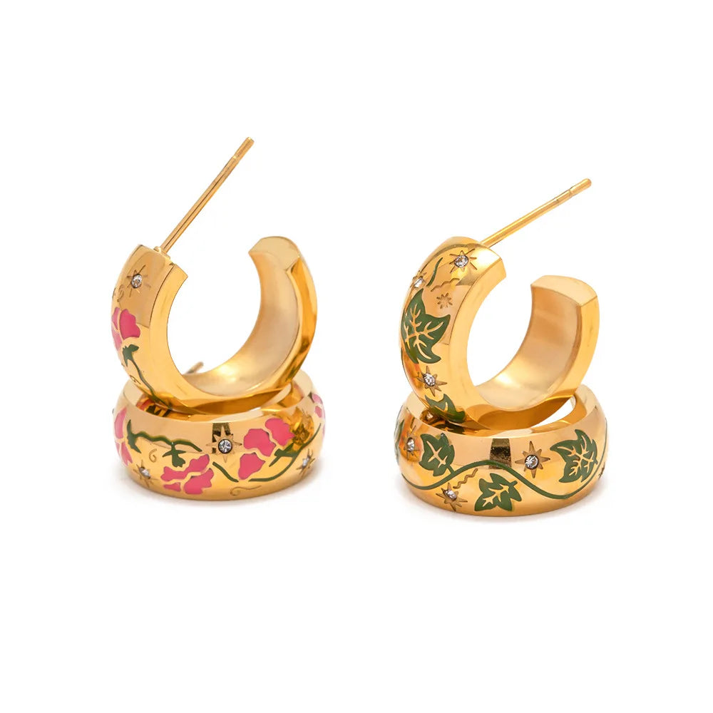 Exquisite Jewelry Stainless Steel Enamel Painting Flower CC Earrings Ethnic Zirconia Flower Painted C Shape Stud Hoop Earrings