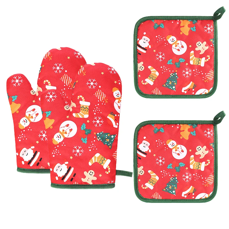 Low MOQ Festival Series Cotton Microwave Mitts and Pot Mats Oven Christmas Style Oven Mitts Set