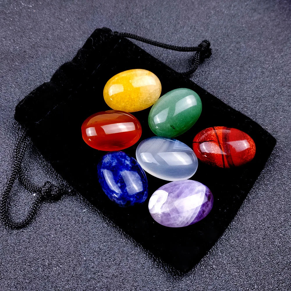 Healing Yoga Meditation Energy 7 Chakra Set Crystal Gem Agate Oval Egg Shaped Pocket Stone Natural Love Crafts Gemstone Folk Art