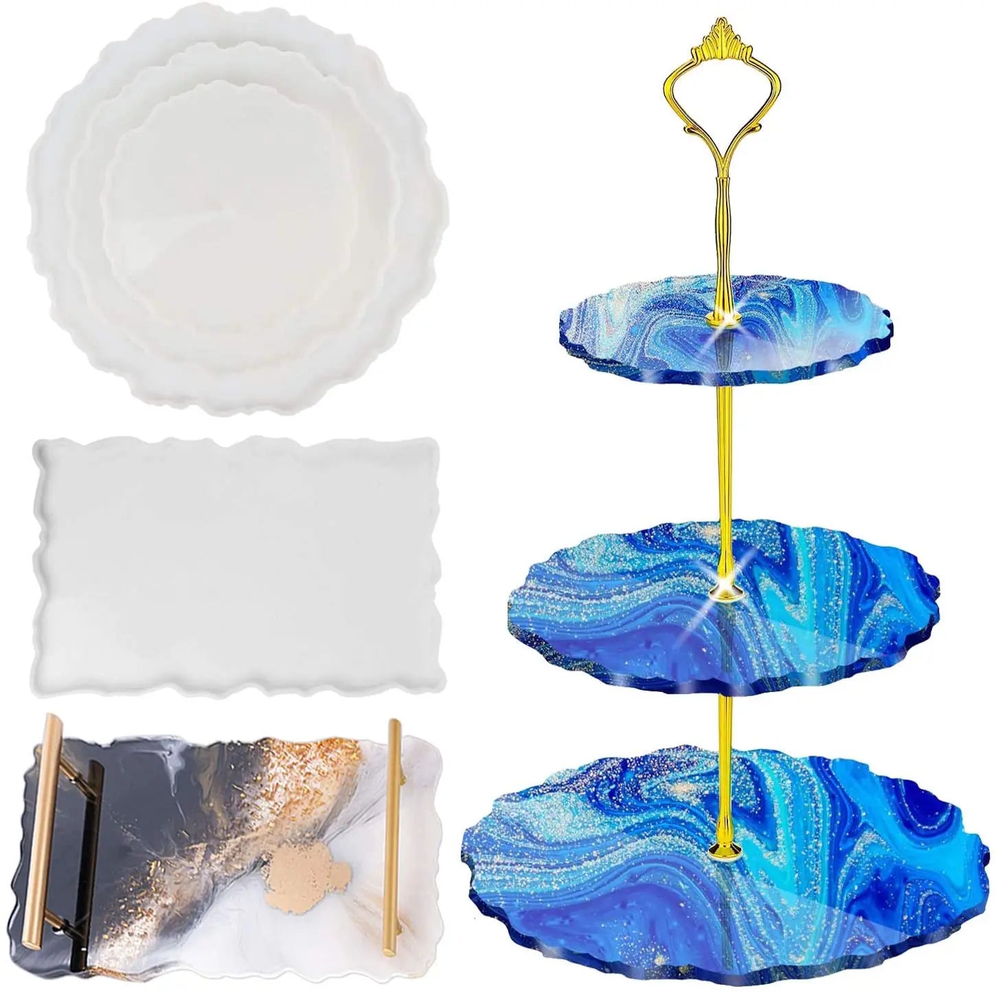 Tray Molds 2 Pcs Sets for 3 Tier Jewelry Holders and Coaster Irregular DIY Agate Casting Molds Stand Fruit Plate Silicone Mold