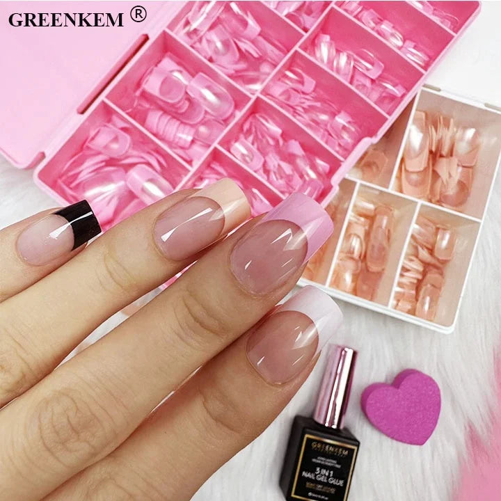 New 600Pcs Box French  Nude Pink Tips for Nail Gel X Tips Full Cover Square Almond False Nail Tips