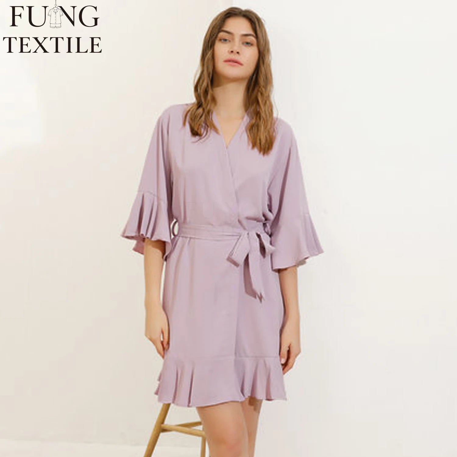 FUNG 6008 Chinese Silk Ruffle Robe Bridesmaid Satin Robes for Women Plus Size Bridesmaid Satin Robe