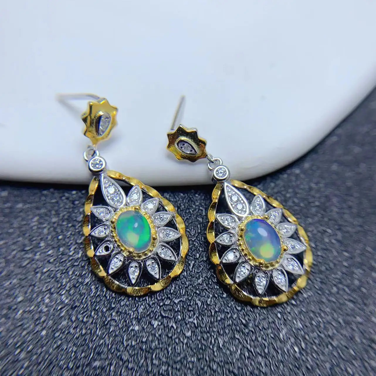 Factory Supply Korean 925 Sterling Silver Natural Opal Girl Styling Beads Hoop Jewelry Earrings for Women