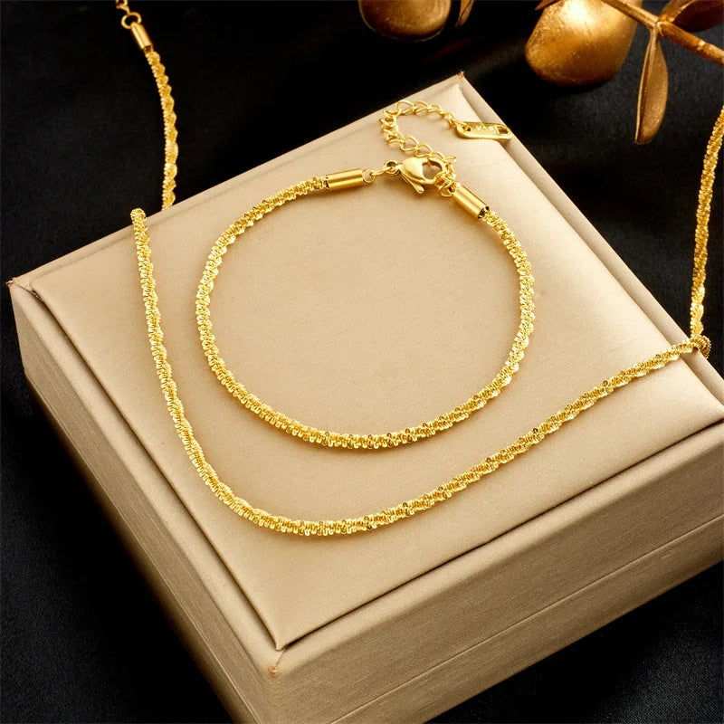 Luxury Stainless Steel Women's Waterproof Necklace Bracelet Set Sparkling Star Shiny with Zircon Main Stone for Wedding