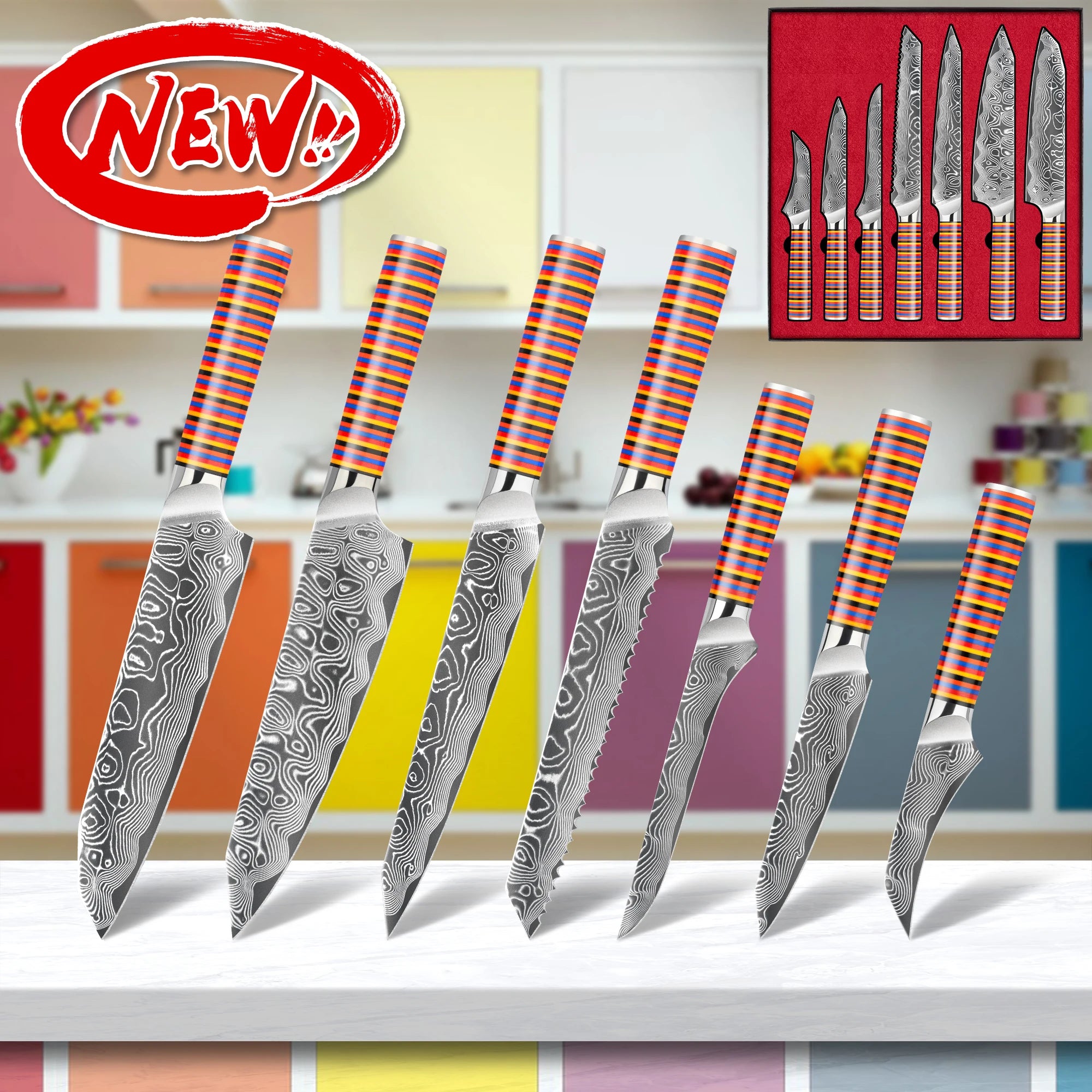 10% off RTS Coloured Kitchen Knives Set G10 Handle 67 Layers Vg10 Damascus Knife Set Ultra Sharp With Rainbow G10 Handle