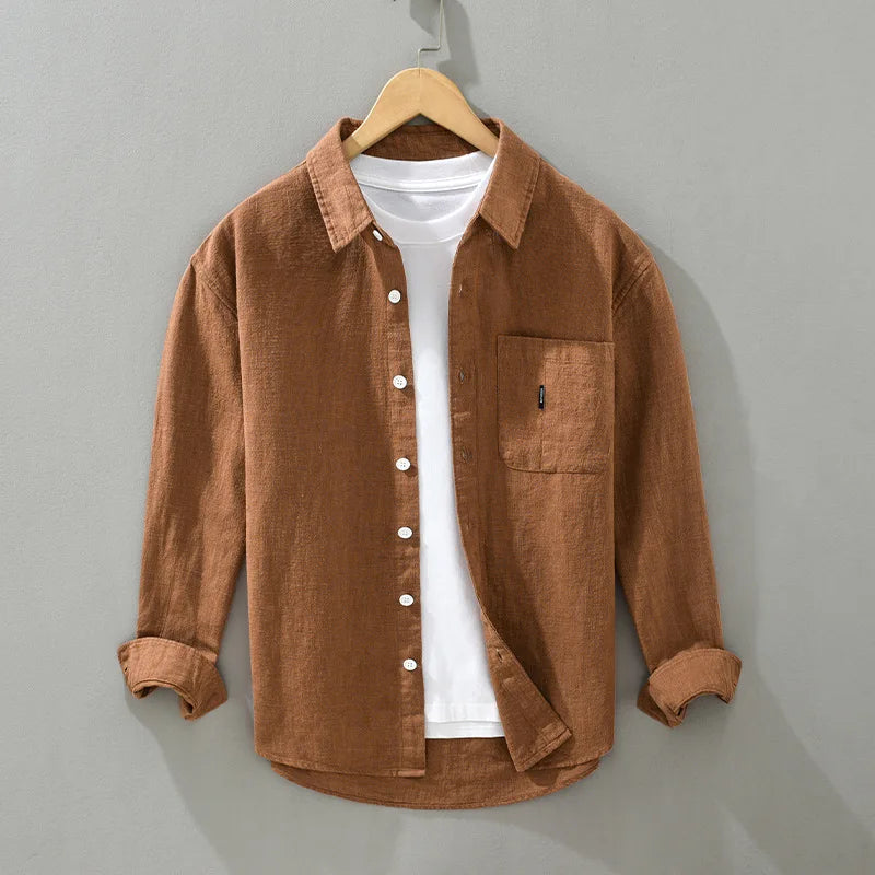 M-3XL Turnover Collar Ramie Shirt Men's Casual Breathable Top Fashionable Cotton and Linen Solid Color Loose Jacket