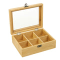 JUNJI Handmade Bamboo Tea Box with Clear Lid 6 Section Organizer for Tea Bags Painted Wooden Box with Lock