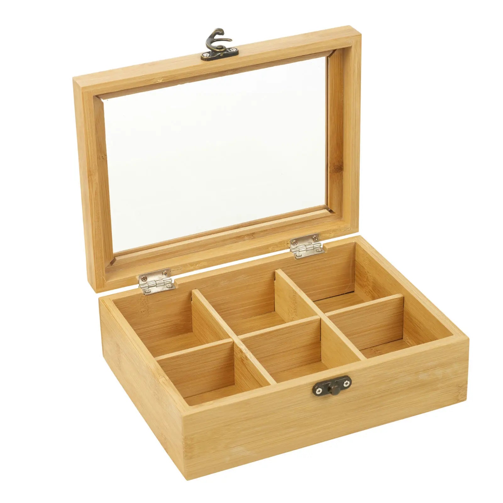 JUNJI Handmade Bamboo Tea Box with Clear Lid 6 Section Organizer for Tea Bags Painted Wooden Box with Lock