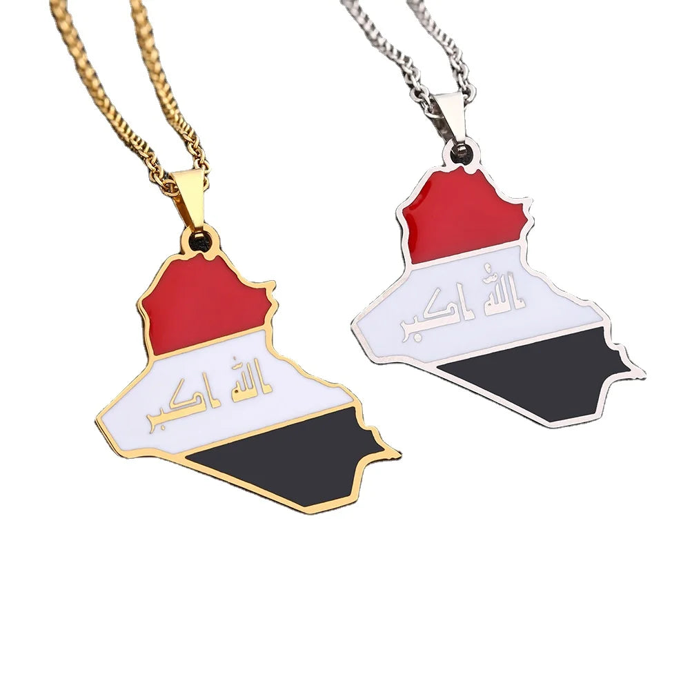 Enameled Iraq Map Chain Necklaces Stainless Steel 18k Gold Plated Enamel Iraq National Flag Map Pendant Necklace