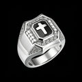 Islamic Engagement Cubic Zirconia Trendy Statement Jewelry 925 Sterling Silver Men's Ring Black Enamel Cross Pave Setting Third