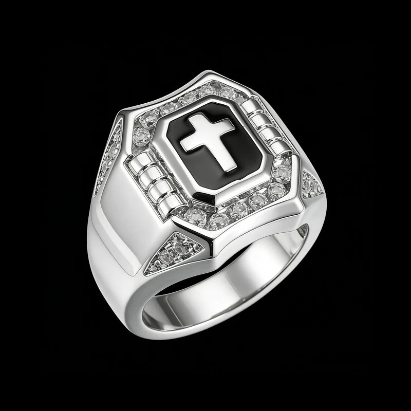 Islamic Engagement Cubic Zirconia Trendy Statement Jewelry 925 Sterling Silver Men's Ring Black Enamel Cross Pave Setting Third