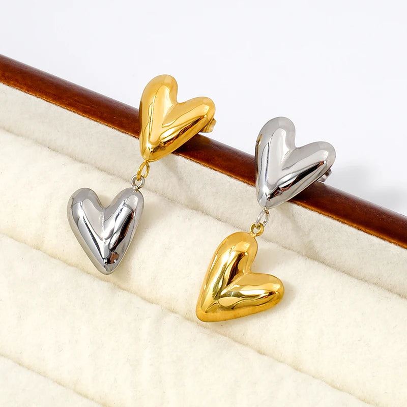 18K Gold Plated Waterproof Chunky Stainless Steel Tarnish Free Heart Accessories Dangle Earrings for Women Fashion Drop Earrings