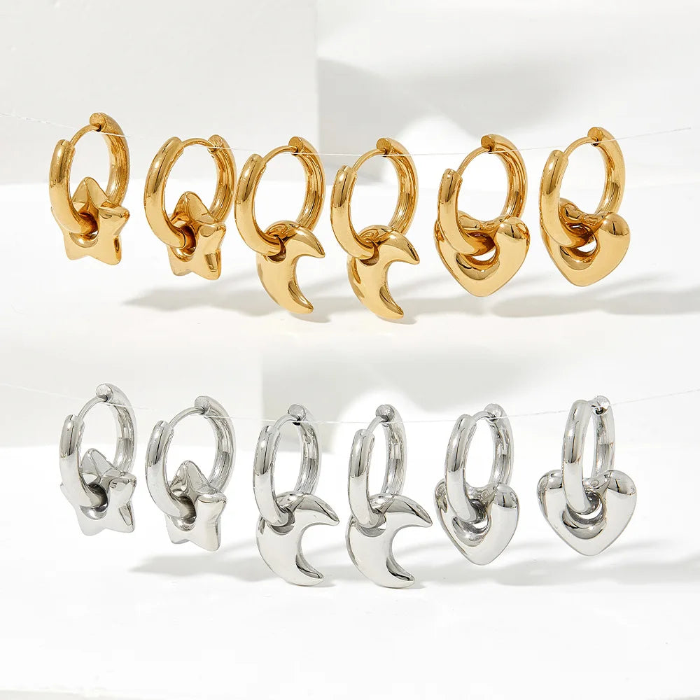 Luxury PVD Gold Plated Stainless Steel Women's Drop Earrings Light Ear Buckle Love Heart Star Moon Shape Gothic Style Jewelry
