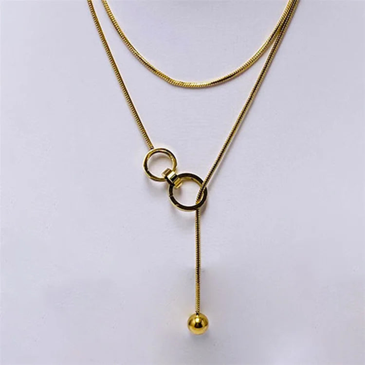 Hot Sale New Stainless Steel Sweater Chain Designer Geometric Drawstring Necklace Bead Tassel Necklace