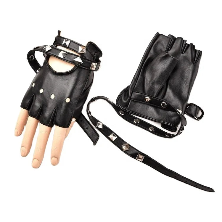 Hot Sale Women's PU Leather Punk Gloves Rivets Belt up or Snap Half Finger Cycling Outdoor Performance Gloves