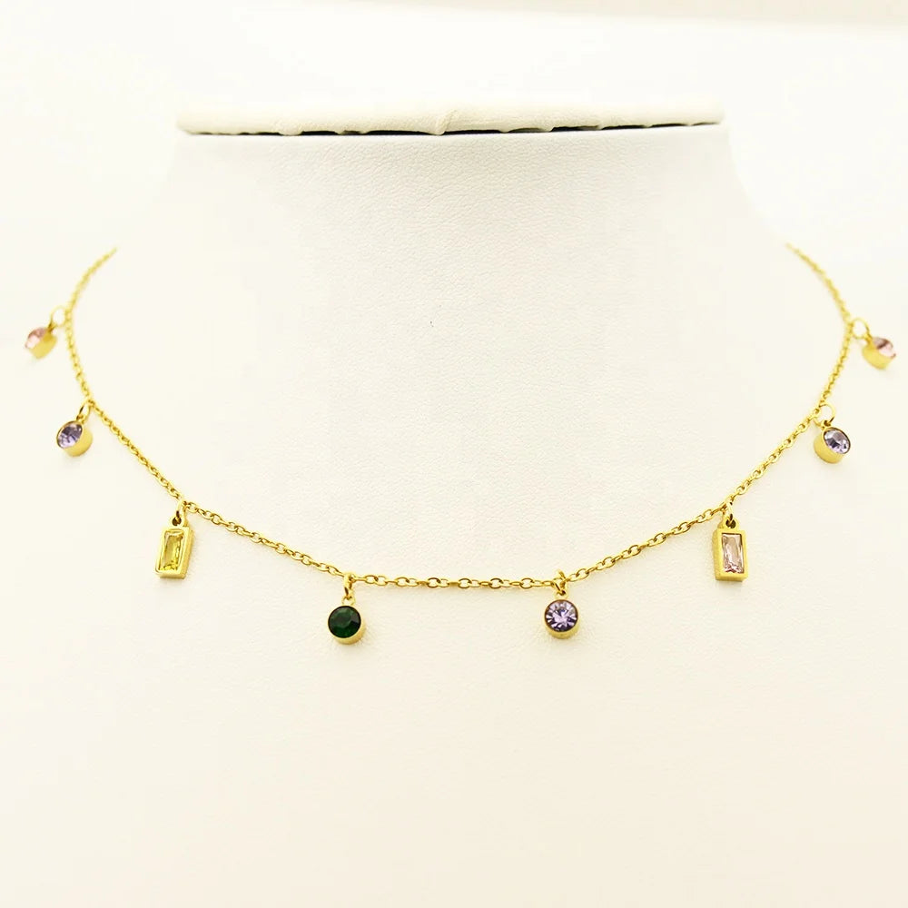 Colorful Choker Gold Plated Necklace 316L Stainless Steel Jewelry Perfect Christmas Anniversary Gift for Women Zircon