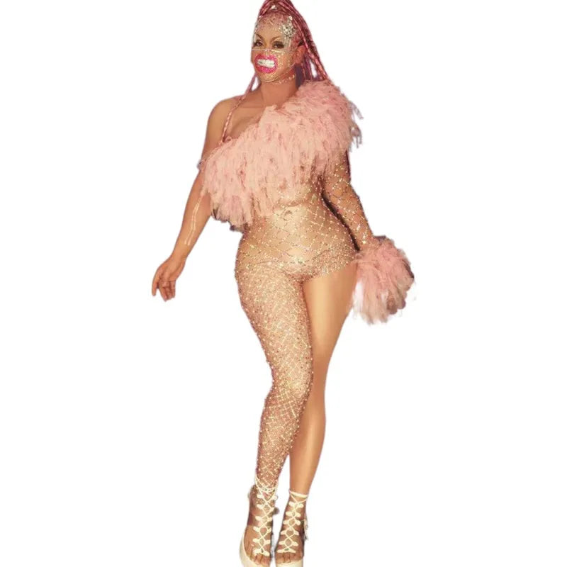 Sexy Spandex Asymmetrical Single Sleeve Rhinestones Bodysuit Women Crystal Club Jumpsuits Playsuits Stripper Pole Dancewear